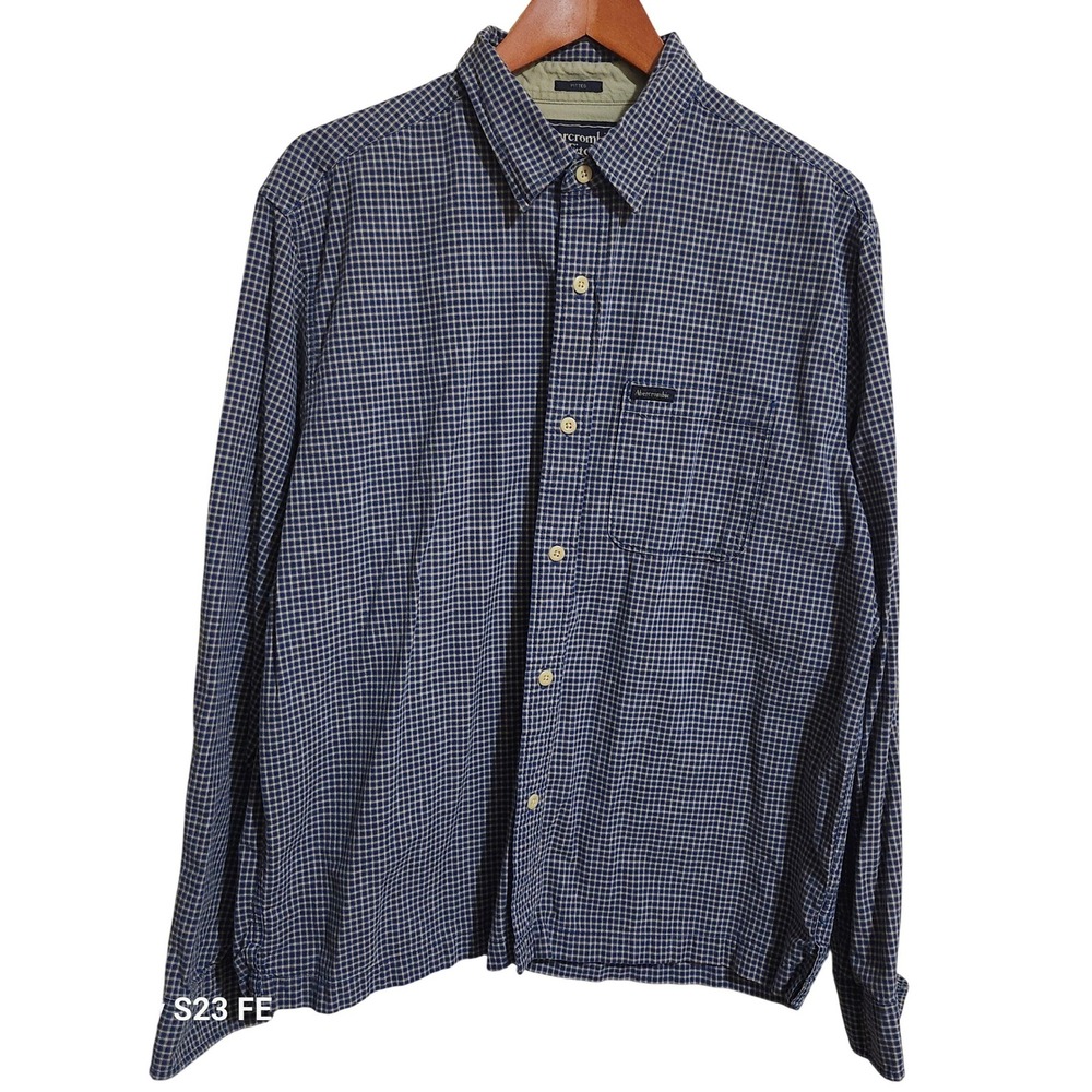 Vtg Abercrombie Fitch Mens Large Long Sleeve Button Down Shirt Blue Plaid Cotton